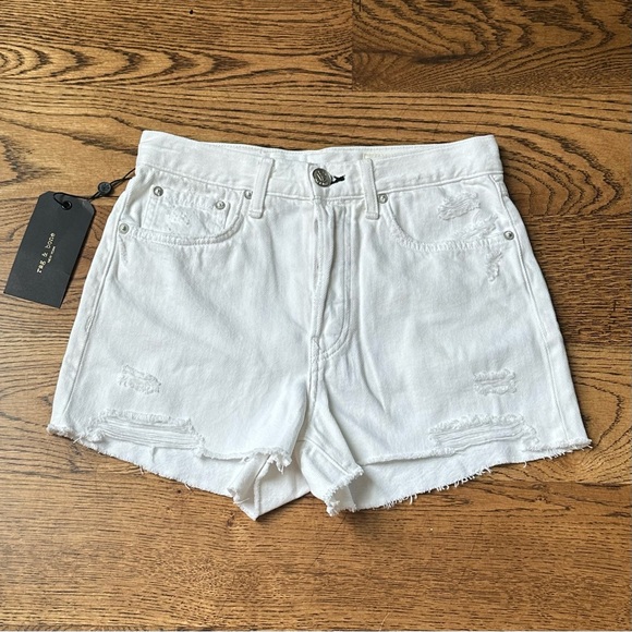 NWT rag & bone Maya White Denim Shorts Size 24 High Rise Distressed Raw Hem - Picture 2 of 15